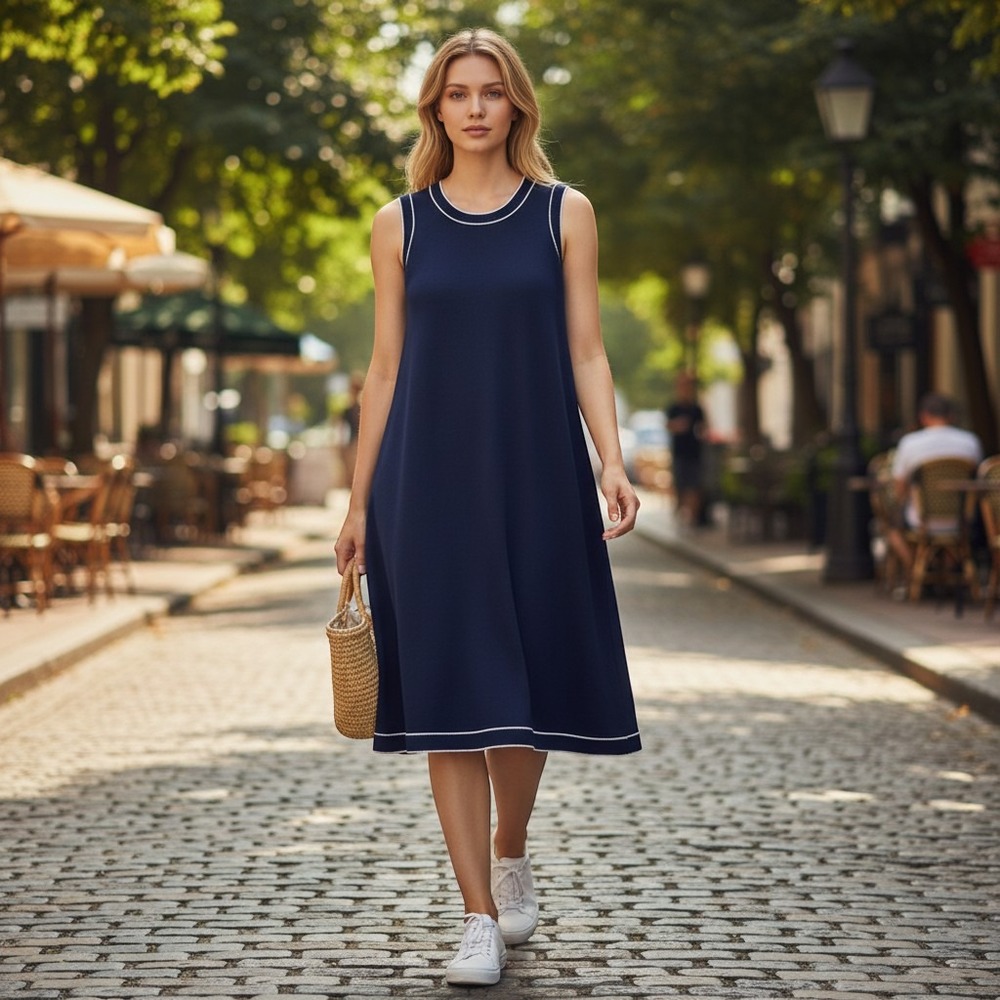 Isaac Mizrahi Live! Sleeveless Knit Midi Dress - Dark Navy, White Trim Size: M